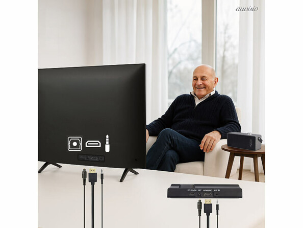 Haut-parleur TV auvisio montrant les connexion de la base à un téléviseur