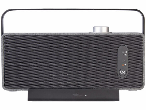 Haut-parleur TV mobile auvisio posé sur sa station de base – vue de face