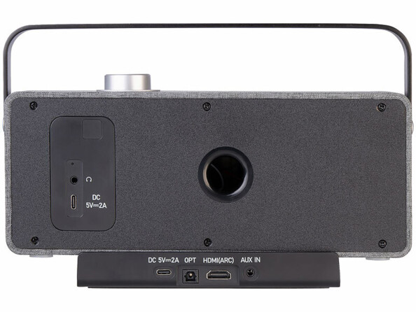 Haut-parleur TV auvisio – vue arrière avec port bass-reflex et batterie intégrée