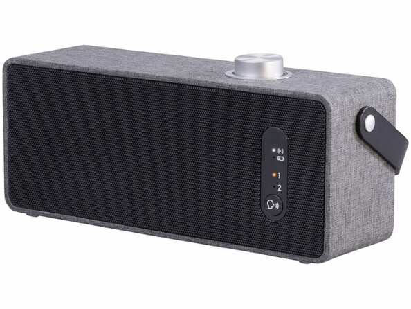 Haut-parleur TV mobile auvisio – vue de trois quarts avant avec commandes latérales