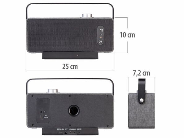 Dimensions du haut-parleur TV auvisio – largeur 25 cm, hauteur 10 cm, profondeur 7,2 cm