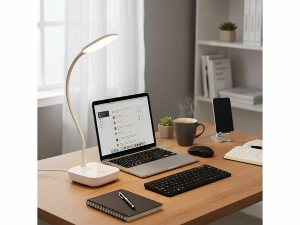 Lampe de bureau CCT rechargeable avec intensité variable en situation sur un bureau avec clavier et ordinateur
