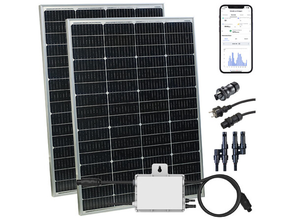 Micro-inverseur avec antenne wifi, 2 panneaux solaires monocristallins avec câble de raccordement, câble Wieland vers secteur, 2 adaptateurs en Y et adaptateur droit de la marque Revolt