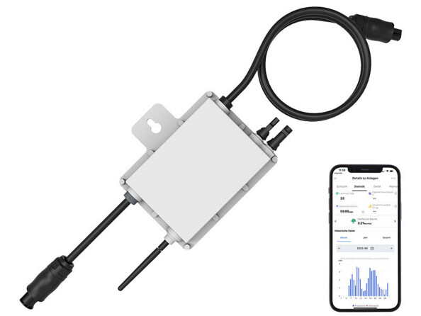 Micro-inverseur connecté 300 W pour panneau solaire de la marque Revolt avec exemple de réglage sur l'application compatible sur smartphone