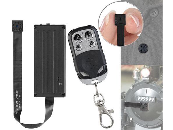 Mini caméra 4K télécommandée avec capteur de mouvement mise en situtaion avec télécommande et bouton de chemise factice