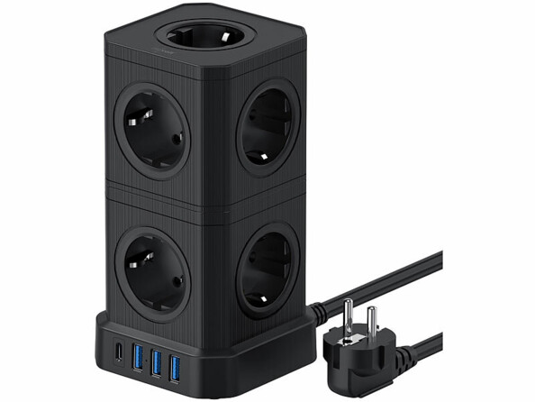 Multiprise colonne 9 prises avec 4 ports USB - coloris noir