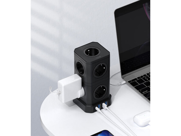 Multiprise colonne 9 prises 2 parties avec 4 ports USB - coloris noir