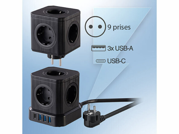 Multiprise colonne 9 prises 2 parties avec 4 ports USB - coloris noir