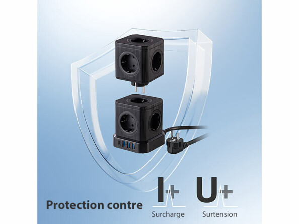 Multiprise colonne 9 prises 2 parties avec 4 ports USB - coloris noir