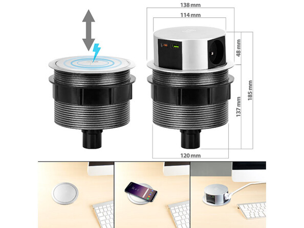 Multiprise de bureau encastrable et compatible Qi avec 3 prises 230 V