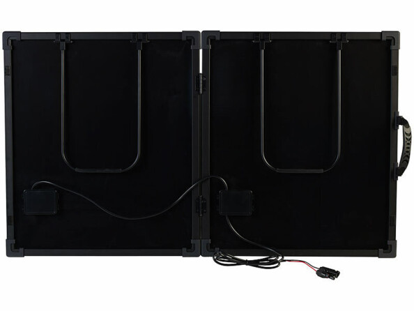 Vue arrière du module solaire avec pied de support sur chacune des cellules solaires et câble de raccordement intégré avec fiche compatible MC4 pour régulateur de charge ou convertisseur solaire