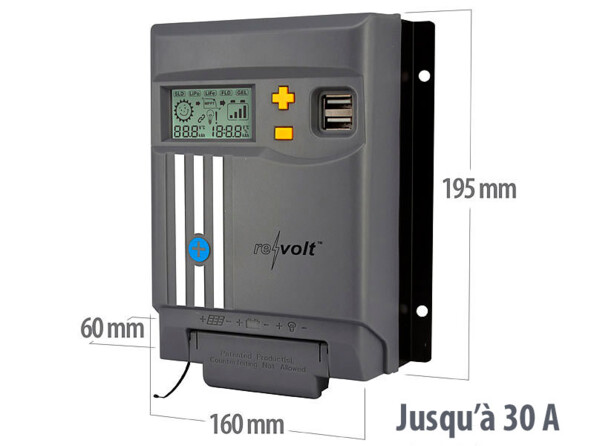 Régulateur de charge MPPT vue de biais avec écran LCD allumé et dimensions de largeur 160 mm, de longueur 195 mm et de profondeur 60 mm annotées avec puissance maximale panneau solaire jusqu'à 30 A annotée également
