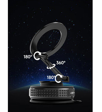 Support smartphone à ventouse magnétique sur un fond étoilé avec les angles d'orientation