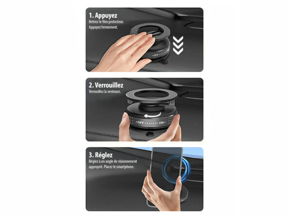 Support smartphone à ventouse magnétique avec 3 étapes en images pour l'installation