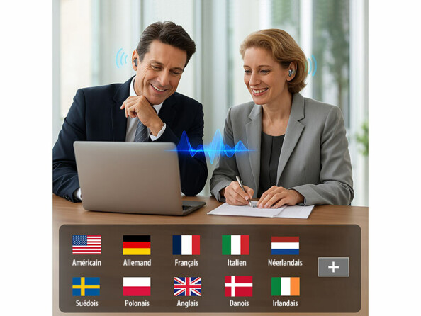 Traducteur intra-auriculaire 135 langues avec réduction active du bruit 28 dB