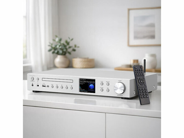 Tuner connecté IRS-825 avec radio Internet / FM / DAB+ / CD / bluetooth 5.2 vu de face avec télécommande mis en situation sur un meuble dans un salon