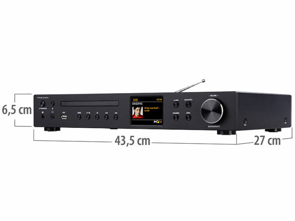 Tuner connecté IRS-825 avec radio Internet / FM / DAB+ / CD / bluetooth vu de face avec dimensions 43,5 x 27 x 6,5 cm