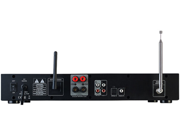 Arrière du récepteur hi-fi VR-Radio avec antenne de réception radio, antenne wifi, interrupteur ON/OFF, câble d'alimentation, prises pour haut-parleurs, entrées numériques, entrée cinch et entrée Line-out avec spécifications techniques et consignes