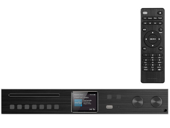 Tuner hifi connecté IRS-715 avec télécommande, antenne DAB/FM télescopique avec câble, antenne wifi, câble audio RCA (Cinch) vers jack 3,5 mm et mode d'emploi en français
