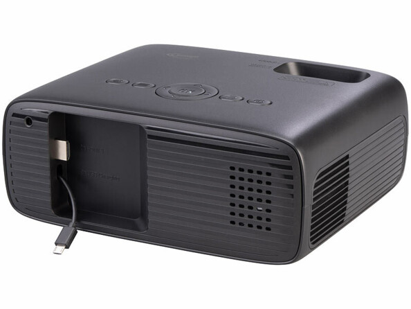 Arrière du vidéoprojecteur LCD/LED secteur avec câble USB, fiche HDMI et haut-parleur intégrés