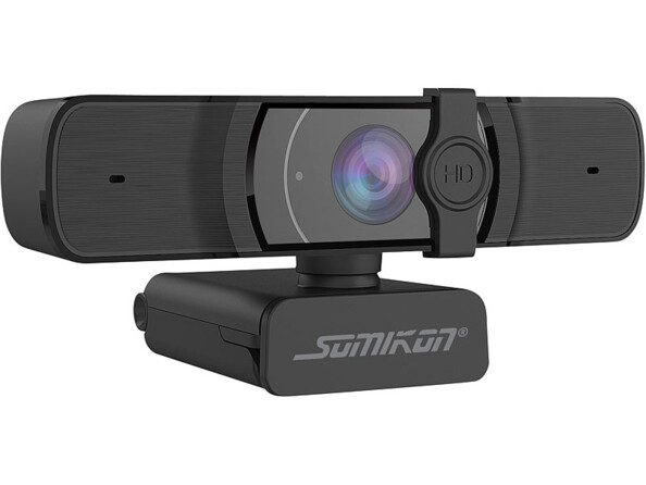 Webcam USB Full HD avec autofocus et double microphone stéréo.