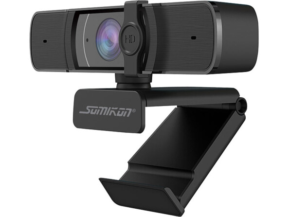 Webcam USB Full HD avec autofocus et double microphone stéréo.