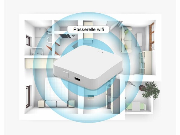 Illustration de la mise en réseau d'appareils de domotique à travers une maison via la passerelle wifi