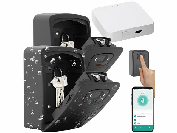 Pack de 2 boîtes à clés SAF-200.app avec passerelle wifi, 3 câbles USB (USB-A vers USB-C), gabarit de perçage, matériel de montage et modes d'emploi en français