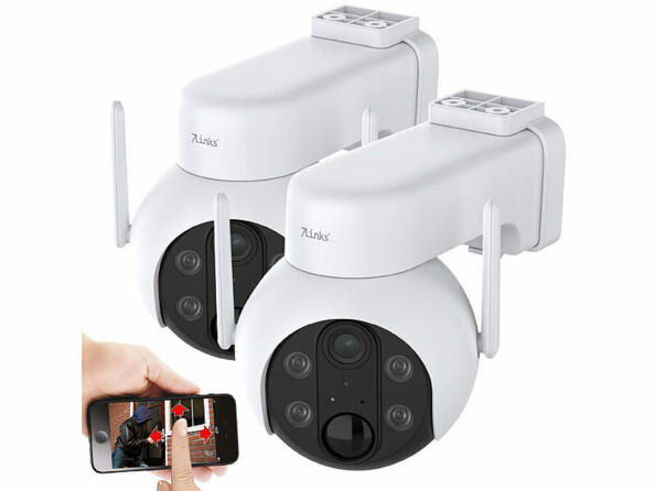 Pack de 2 caméras de surveillance IP Pan-Tilt rechargeables connectées 2K de la marque 7links