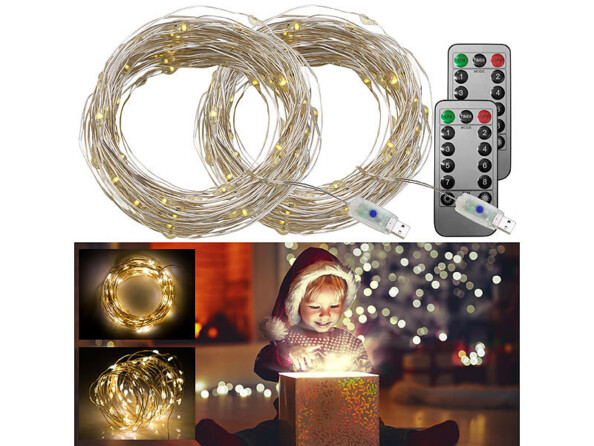 2 guirlandes LED USB télécommandées - 10 m - Blanc chaud