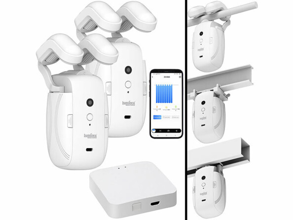 Pack avec robot, 2 bras de fixation pour tringle à rideaux, 2 bras de fixation pour rails (profilés en T et en U), chaîne, câble USB (USB-C vers USB-A, 30 cm), petit tournevis, passerelle wifi et câble USB (30 cm, USB-C vers USB-A)