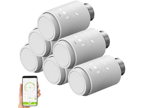 Pack de 6 thermostats pour radiateur avec 36 adaptateurs contrôlables par application mobile ELESION et mode d’emploi en français