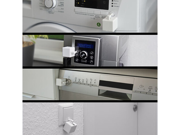 Actionneur d'interrupteur connecté avec commandes vocales mise en situation sur machine à laver, cafetière