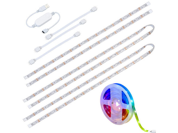 Bande LED RVB USB connectée et intelligente à commandes vocales WRL-34 vue d'ensemble avec accessoires