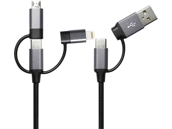 Câble de chargement 60 W et transfert USB-A/C vers USB-C/Micro-USB/Lightning vue des connecteurs