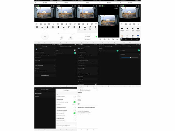 Captures d'écran de l'application disponible sur appareil mobile iOS/Android avec image en direct et de multiples réglages possibles illustrés