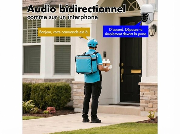 Caméra d'extérieur 2K Pan-Tilt connectée IPC-905.track mise en situation en extérieur avec un livreur et texte audio bidirectionnel
