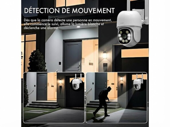Caméra d'extérieur 2K Pan-Tilt connectée IPC-905.track mise en situation sur maison avec texte détection de mouvement