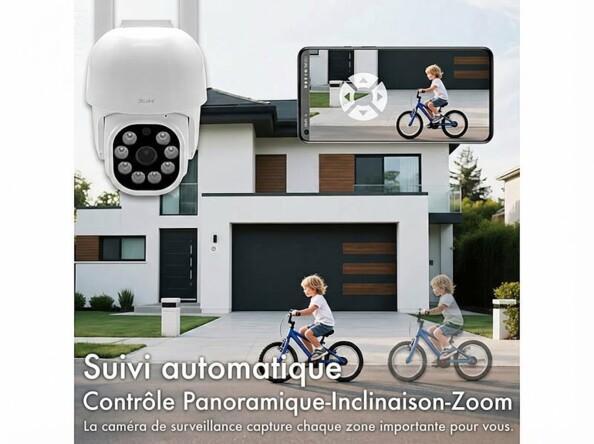 Caméra d'extérieur 2K Pan-Tilt connectée IPC-905.track mise en situation sur une maison avec texte suivi automatique