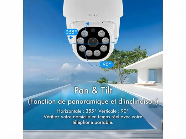 Caméra d'extérieur 2K Pan-Tilt connectée IPC-905.track mise en situation avec piscine et texte Pan-tilt