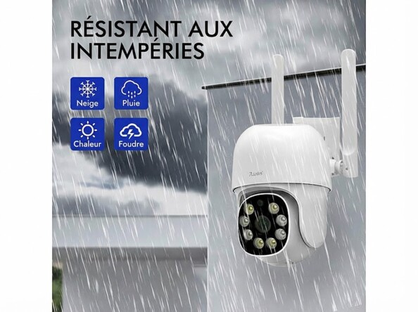 Caméra d'extérieur 2K Pan-Tilt connectée IPC-905.track mise en situation à l'extérieur sous la pluie avec pictogrammes météo