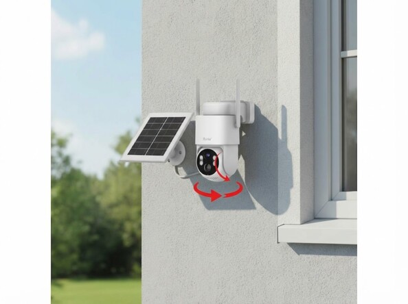 Caméra d'extérieur 4G 2K solaire IPC-915.lte mise en situation sur la façade d'une maison