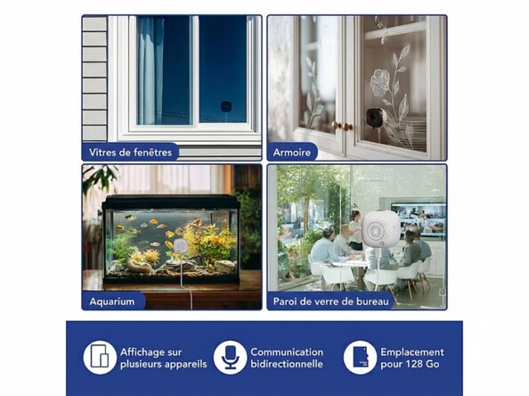 Infographie montrant les utilisations d'une petite caméra de surveillance blanche. Quatre photos illustrent son placement sur des vitres de fenêtres, dans une armoire, devant un aquarium et sur une paroi de verre de bureau. Le bandeau inférieur présente t