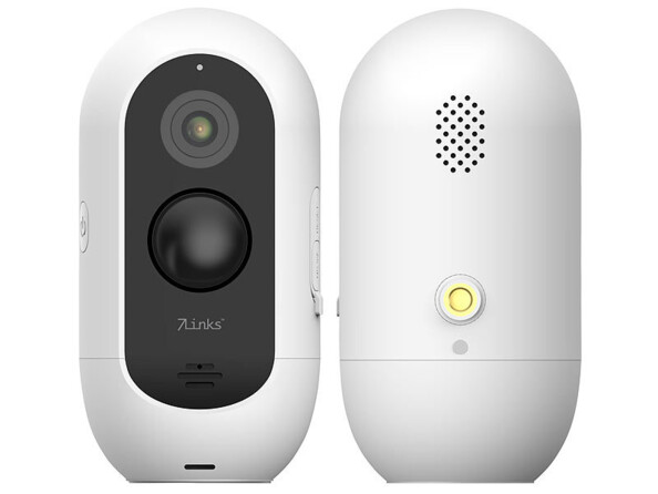 Vues avant de la caméra de surveillance avec objectif, microphone, capteur PIR, logo 7Links, voyant de fonctionnement, fente pour carte MicroSD et port de chargement Micro-USB et vue arrière avec haut-parleur