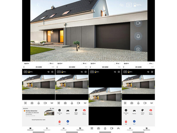 Captures d'écran de l'application gratuite de domotique ELESION disponible sur smartphone et tablette iOS et Android avec différents réglages et aperçus de l'image en direct de la caméra connectée
