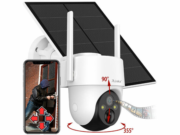 Pack avec caméra robotisée de surveillance 4G Pan-Tilt IPC-730.lte, câble de chargement USB-C vers USB-A, panneau solaire universel avec câble USB 3 m, support mural, matériel de montage et mode d’emploi en français