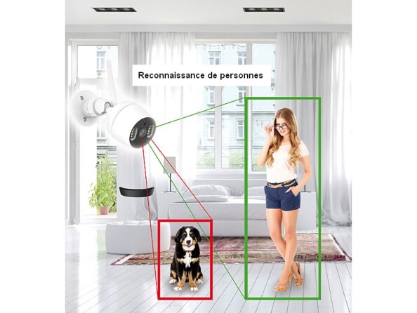 Caméra dans un salon avec détection automatique de personnes et alarme