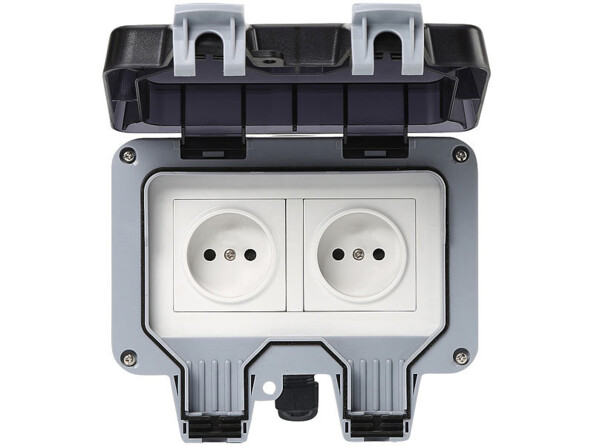 Double prise étanche d'extérieur en saillie connectée