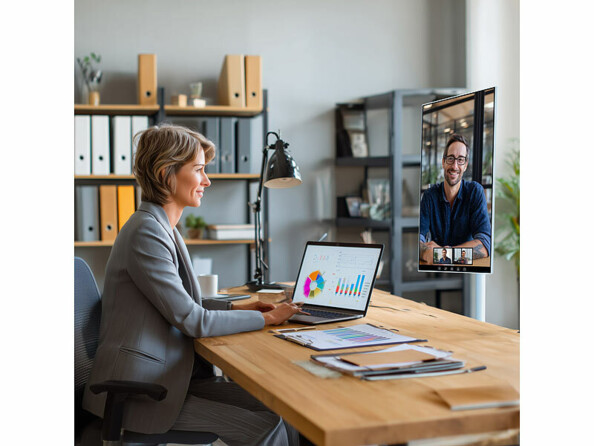 Écran nomade tactile connecté Full HD 23,8" dans un bureau avec des personnes effectuant une visioconférence