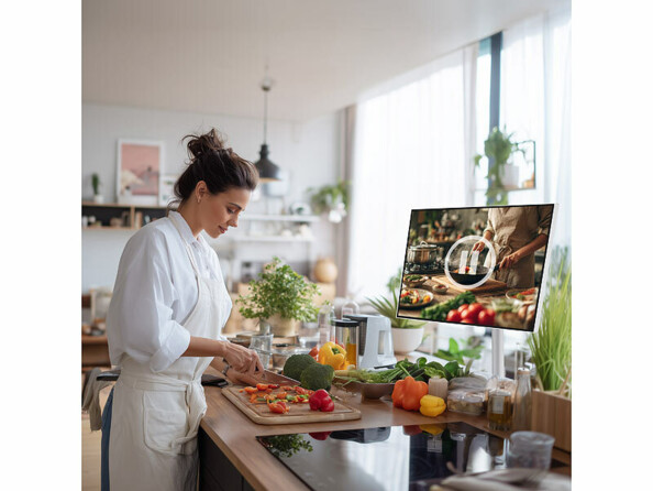 Écran nomade tactile connecté Full HD 23,8" dans une cuisine avec une cheffe qui prépare un repas